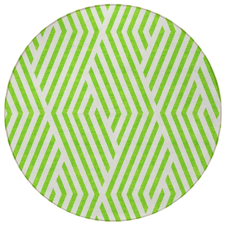 8' Round Lime Green and White Round Geometric Washable Non Skid Indoor Outdoor Area Rug