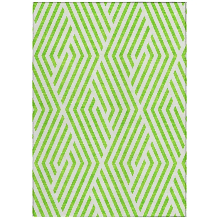 8' X 10' Lime Green and White Geometric Washable Non Skid Indoor Outdoor Area Rug