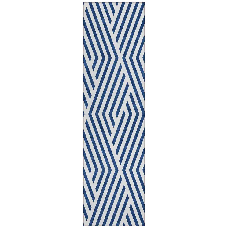 2' X 8' Navy and White Geometric Washable Non Skid Indoor Outdoor Runner Rug