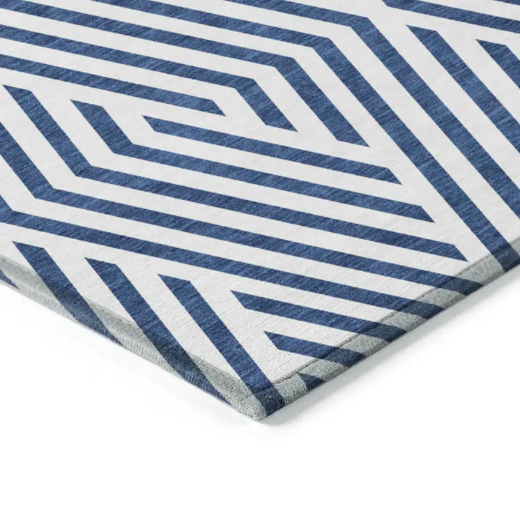 2' X 8' Navy and White Geometric Washable Non Skid Indoor Outdoor Runner Rug