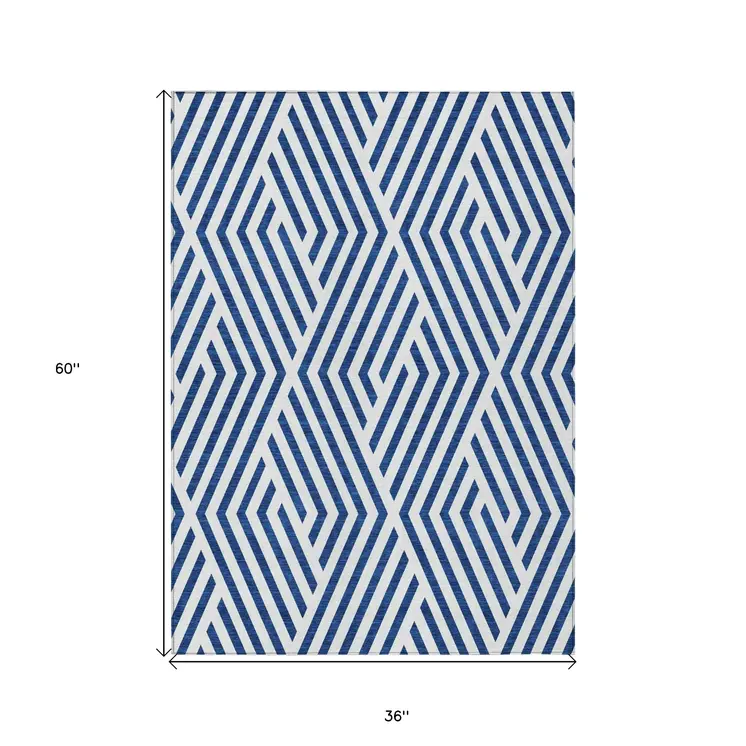 3' X 5' Navy and White Geometric Washable Non Skid Indoor Outdoor Area Rug