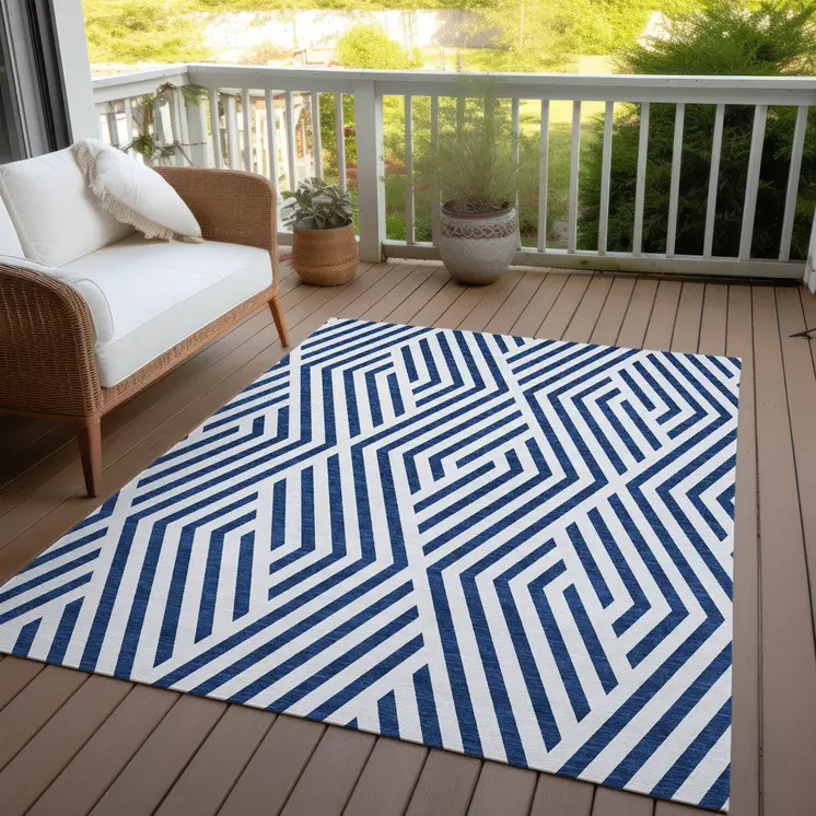 5' X 8' Navy and White Geometric Washable Non Skid Indoor Outdoor Area Rug