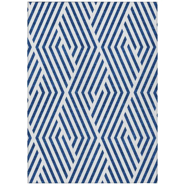 5' X 8' Navy and White Geometric Washable Non Skid Indoor Outdoor Area Rug