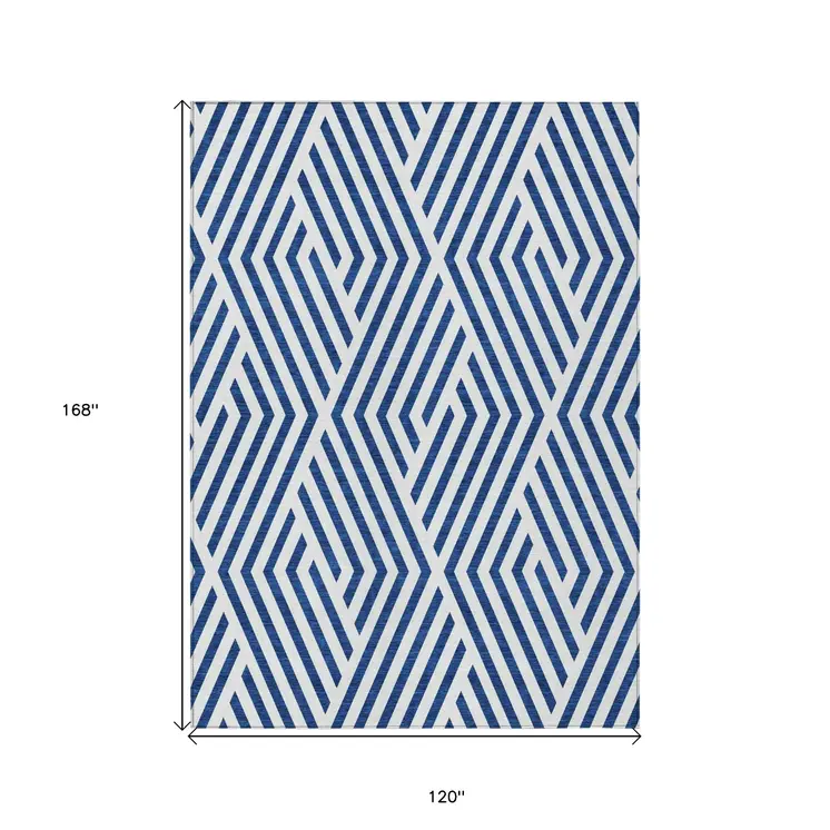 10' X 14' Navy and White Geometric Washable Non Skid Indoor Outdoor Area Rug