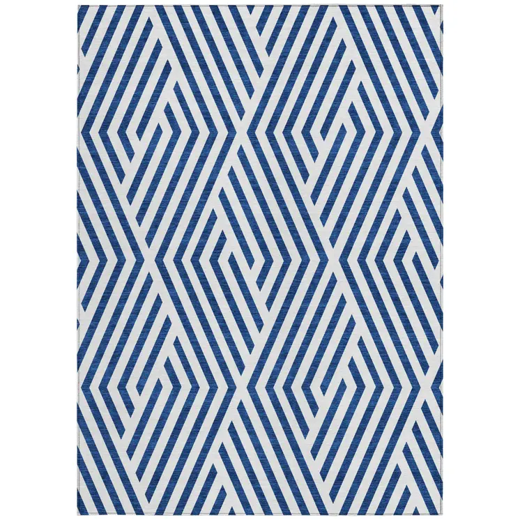 10' X 14' Navy and White Geometric Washable Non Skid Indoor Outdoor Area Rug