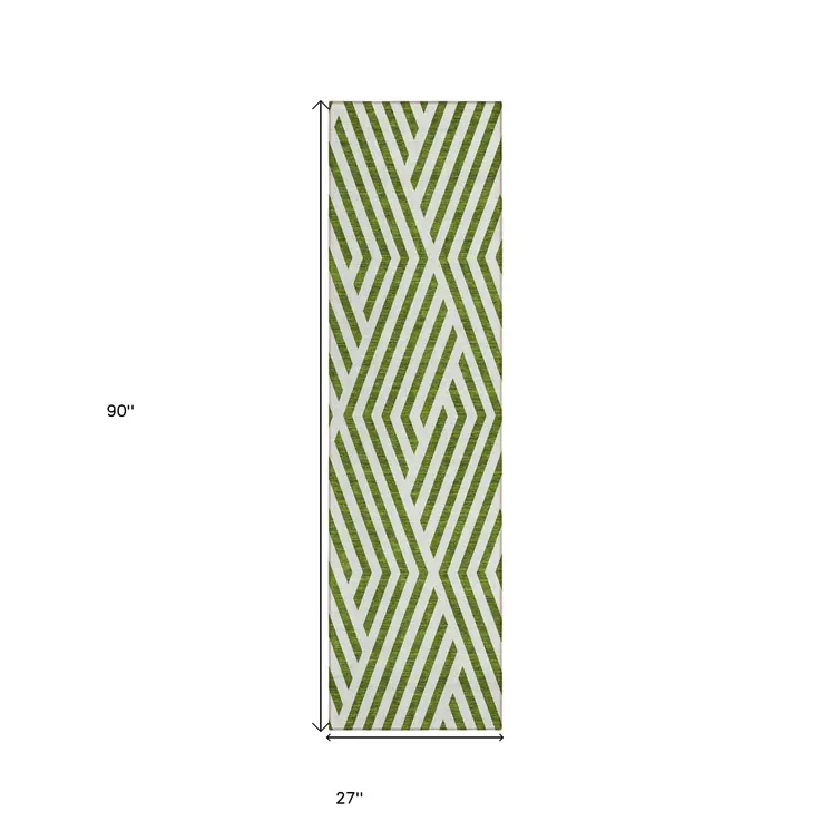 8' Runner Lime Green and White Geometric Washable Non Skid Indoor Outdoor Runner Rug