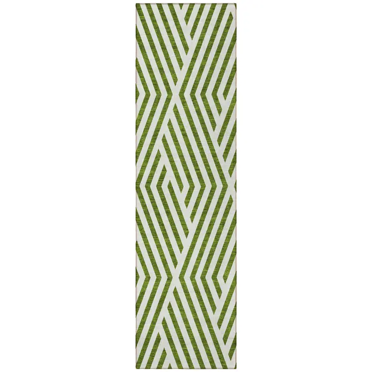 8' Runner Lime Green and White Geometric Washable Non Skid Indoor Outdoor Runner Rug