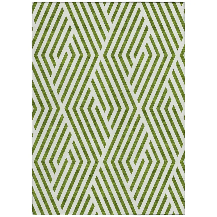 5' X 8' Lime Green and White Geometric Washable Non Skid Indoor Outdoor Area Rug