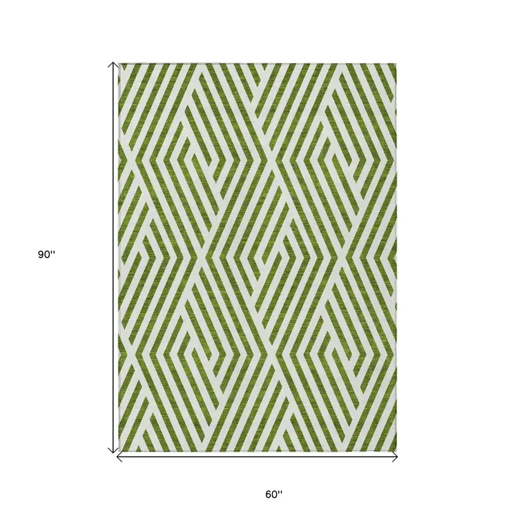 5' X 8' Lime Green and White Geometric Washable Non Skid Indoor Outdoor Area Rug