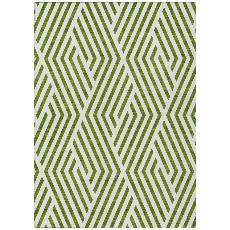 5' X 8' Lime Green and White Geometric Washable Non Skid Indoor Outdoor Area Rug