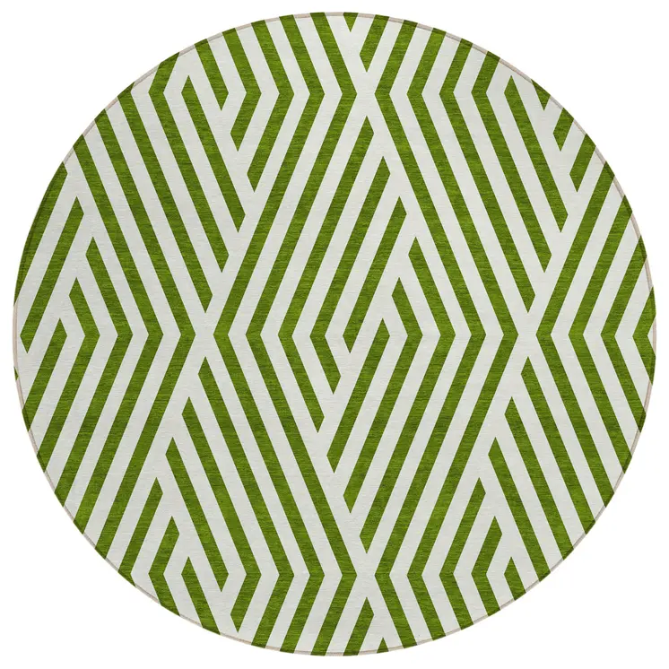 8' Round Lime Green and White Round Geometric Washable Non Skid Indoor Outdoor Area Rug