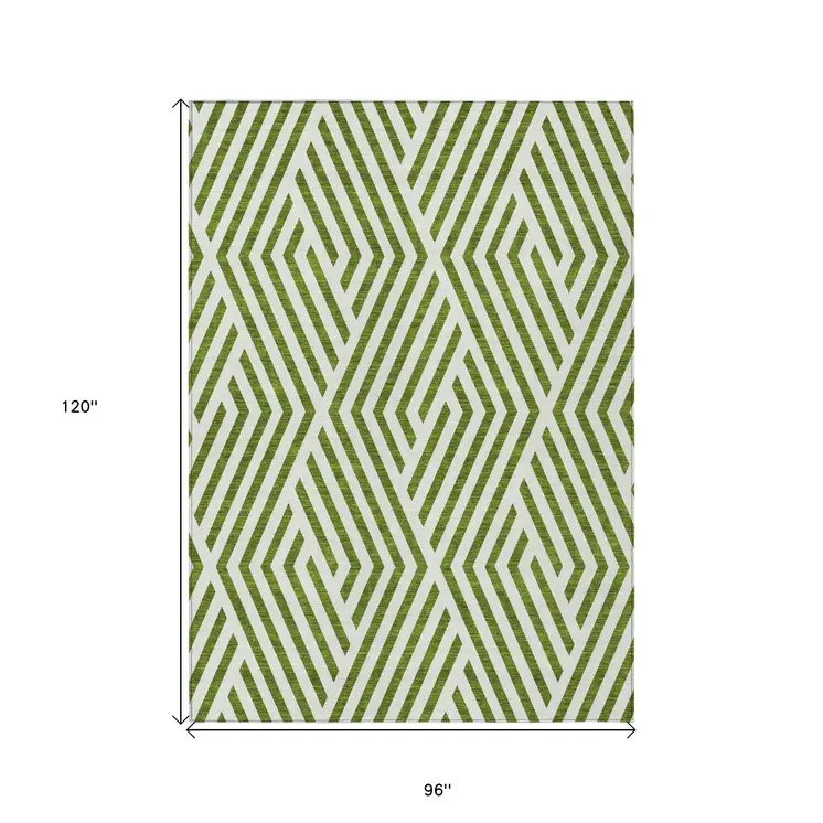 8' X 10' Lime Green and White Geometric Washable Non Skid Indoor Outdoor Area Rug