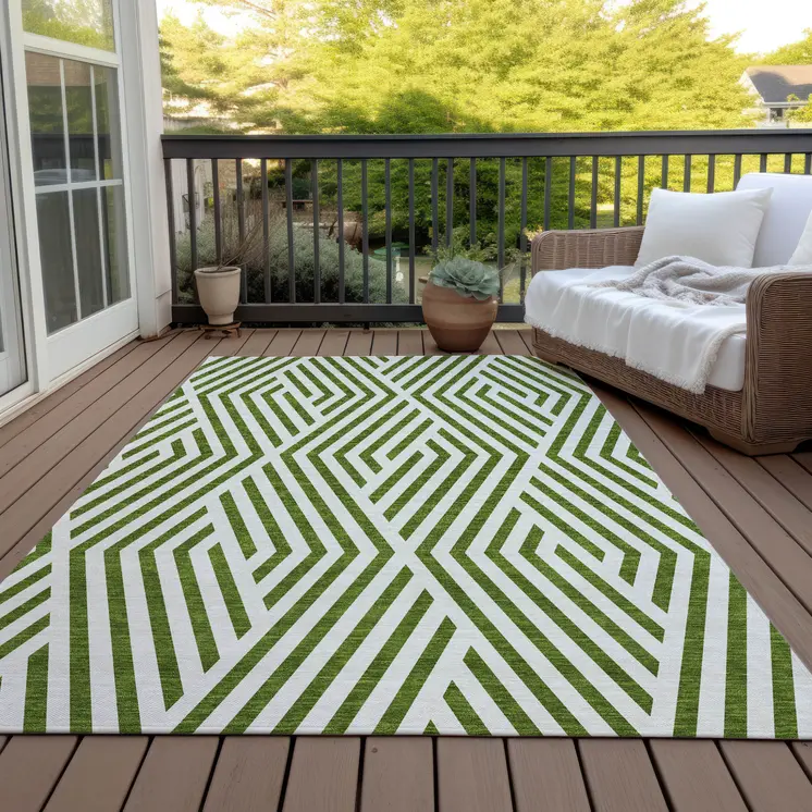 9' X 12' Lime Green and White Geometric Washable Non Skid Indoor Outdoor Area Rug