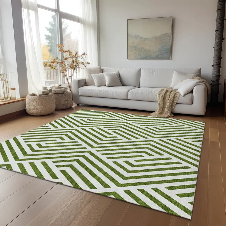 9' X 12' Lime Green and White Geometric Washable Non Skid Indoor Outdoor Area Rug