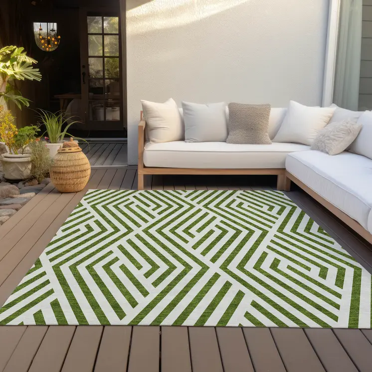 9' X 12' Lime Green and White Geometric Washable Non Skid Indoor Outdoor Area Rug
