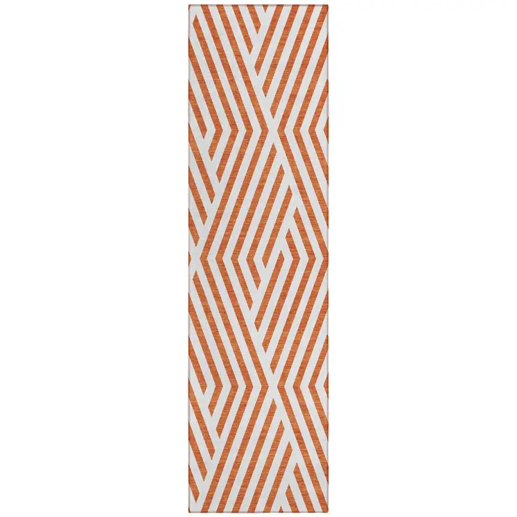 2' X 8' Orange and White Geometric Washable Non Skid Indoor Outdoor Runner Rug