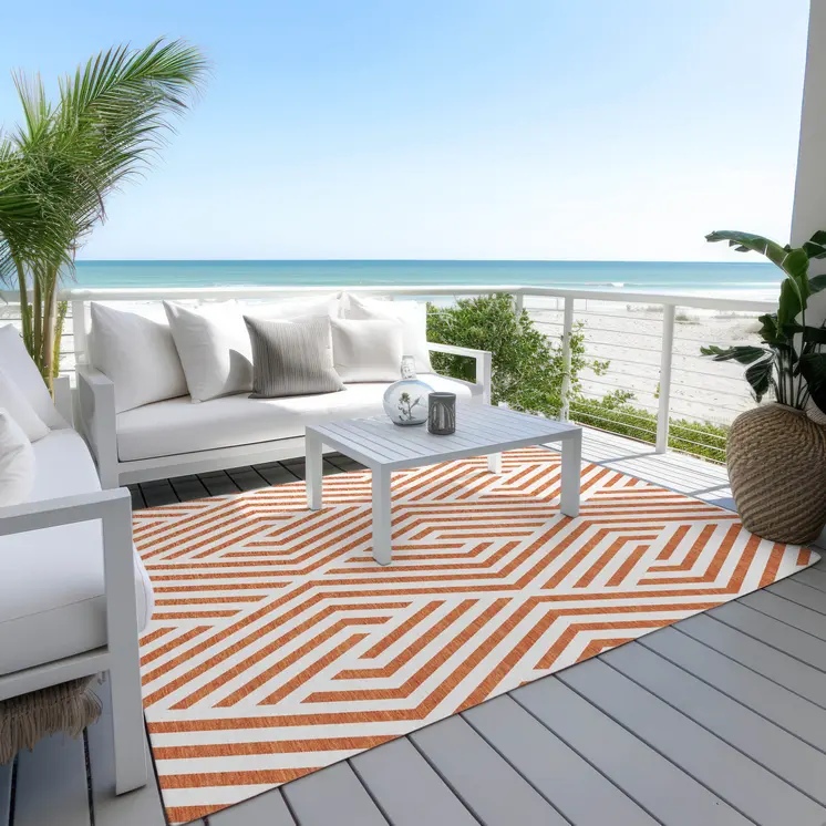 3' X 5' Orange And White Geometric Washable Indoor Outdoor Area Rug