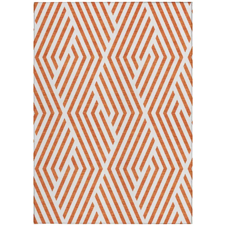 3' X 5' Orange And White Geometric Washable Indoor Outdoor Area Rug