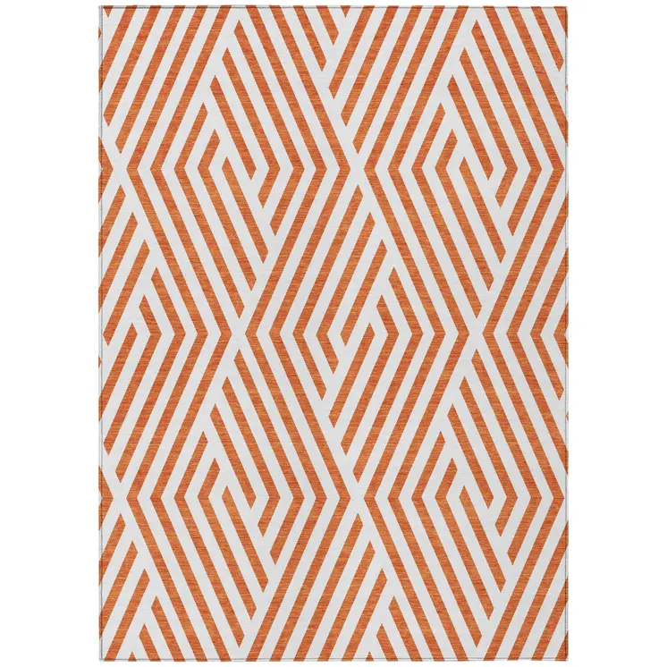 8' X 10' Orange and White Geometric Washable Non Skid Indoor Outdoor Area Rug