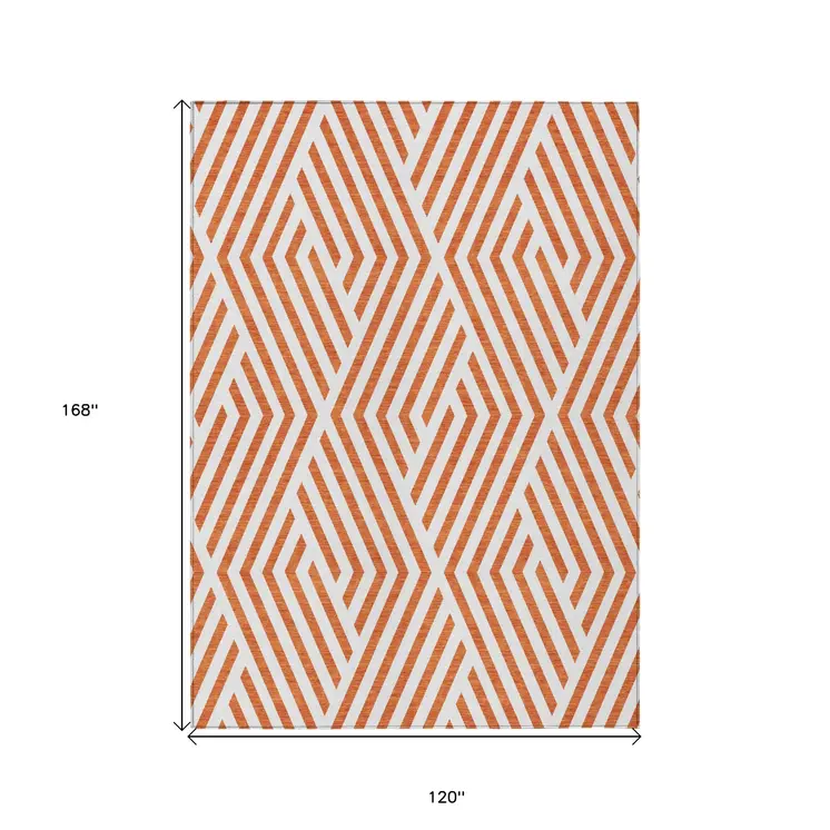 10' X 14' Orange And White Geometric Washable Indoor Outdoor Area Rug
