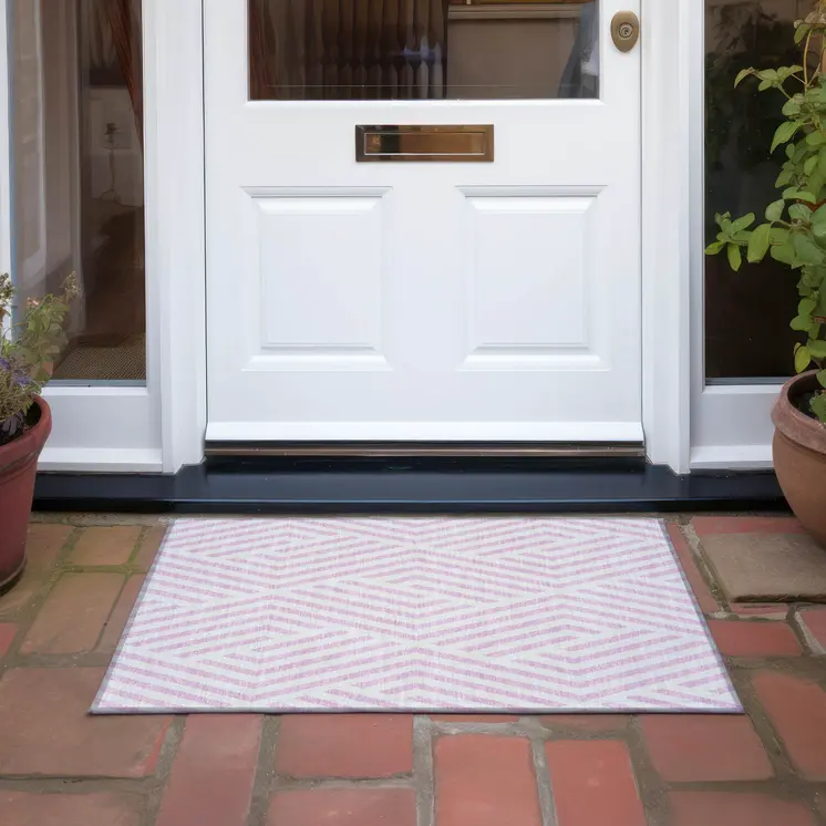2' X 3' Pink and White Geometric Washable Non Skid Indoor Outdoor Area Rug