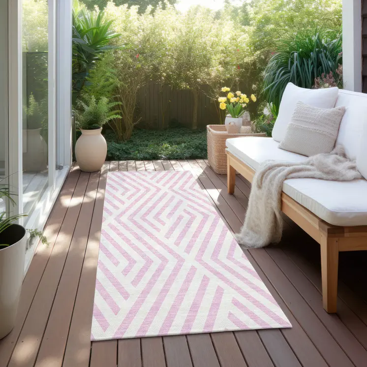 8' Runner Pink and White Geometric Washable Non Skid Indoor Outdoor Runner Rug