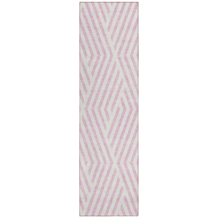 8' Runner Pink and White Geometric Washable Non Skid Indoor Outdoor Runner Rug