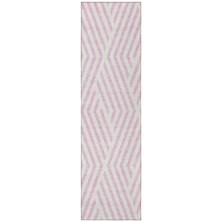 8' Runner Pink and White Geometric Washable Non Skid Indoor Outdoor Runner Rug