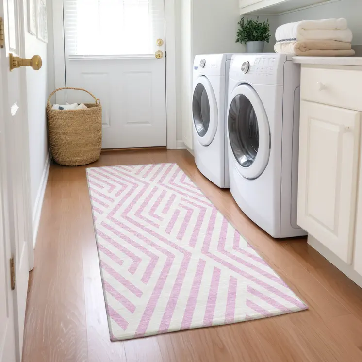8' Runner Pink and White Geometric Washable Non Skid Indoor Outdoor Runner Rug