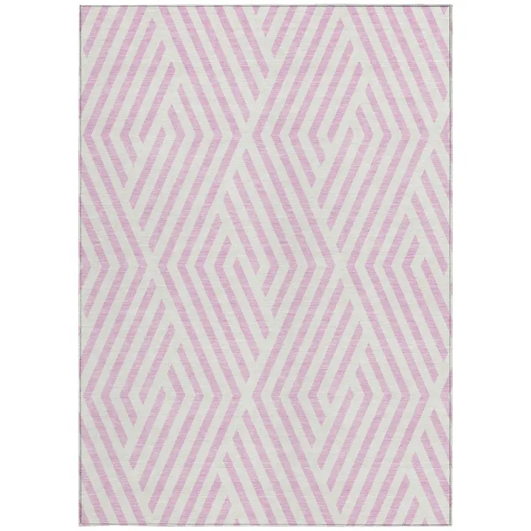 3' X 5' Pink and White Geometric Washable Non Skid Indoor Outdoor Area Rug
