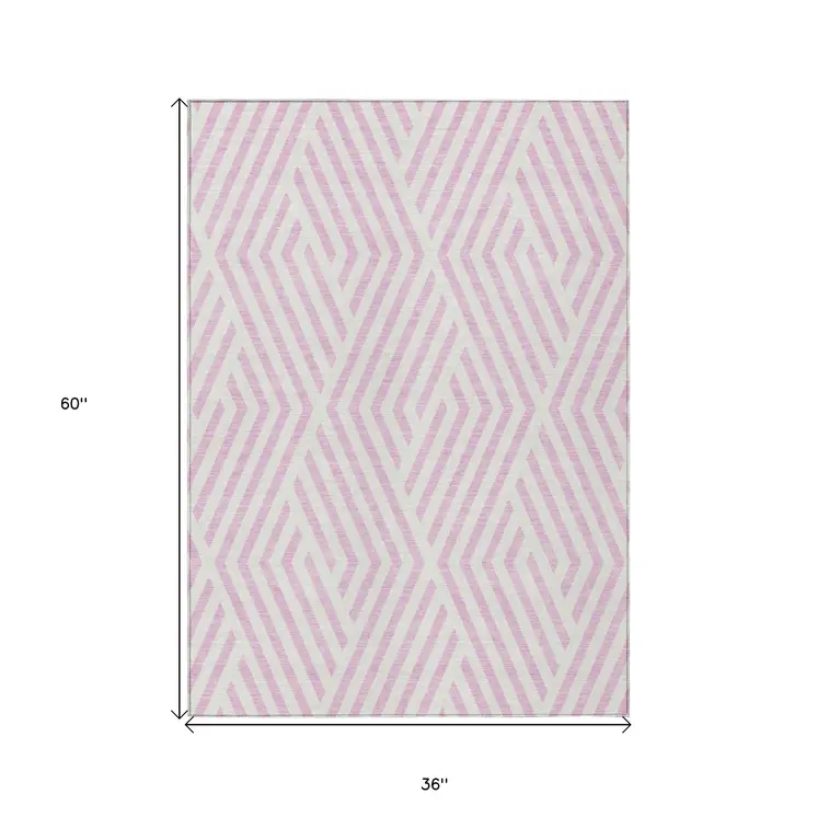 3' X 5' Pink and White Geometric Washable Non Skid Indoor Outdoor Area Rug
