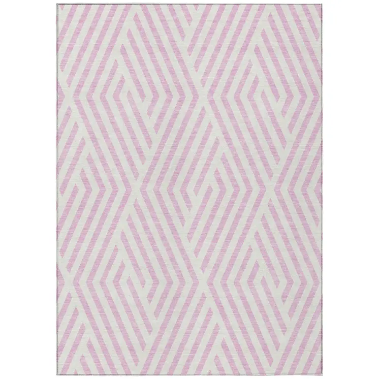 5' X 8' Pink and White Geometric Washable Non Skid Indoor Outdoor Area Rug