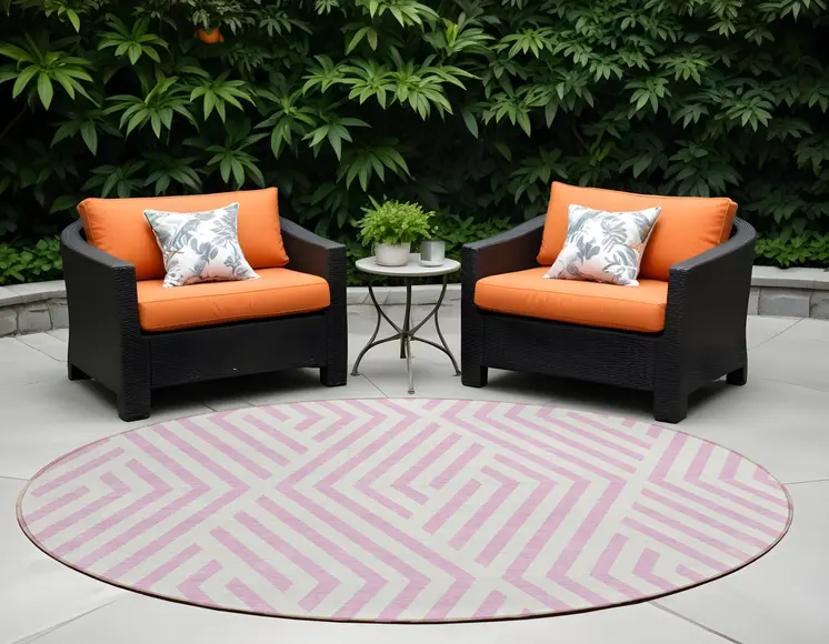 8' Round Pink and White Round Geometric Washable Non Skid Indoor Outdoor Area Rug
