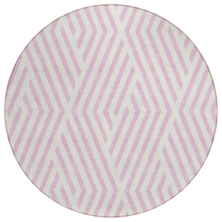 8' Round Pink and White Round Geometric Washable Non Skid Indoor Outdoor Area Rug