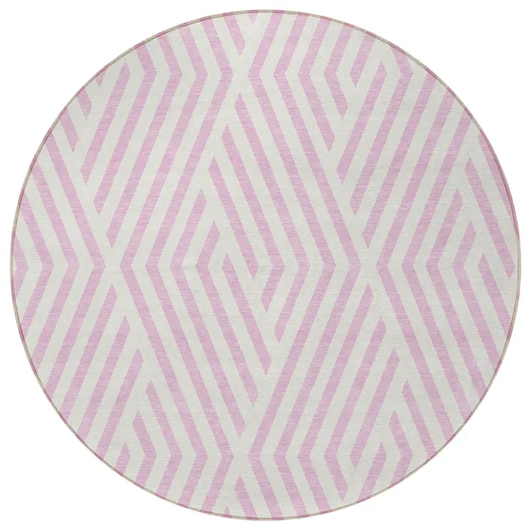 8' Round Pink and White Round Geometric Washable Non Skid Indoor Outdoor Area Rug