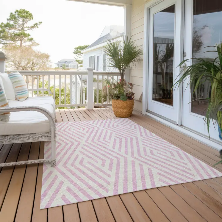 8' X 10' Pink and White Geometric Washable Non Skid Indoor Outdoor Area Rug