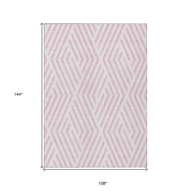 9' X 12' Pink And White Geometric Washable Indoor Outdoor Area Rug