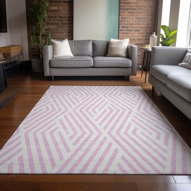 9' X 12' Pink And White Geometric Washable Indoor Outdoor Area Rug