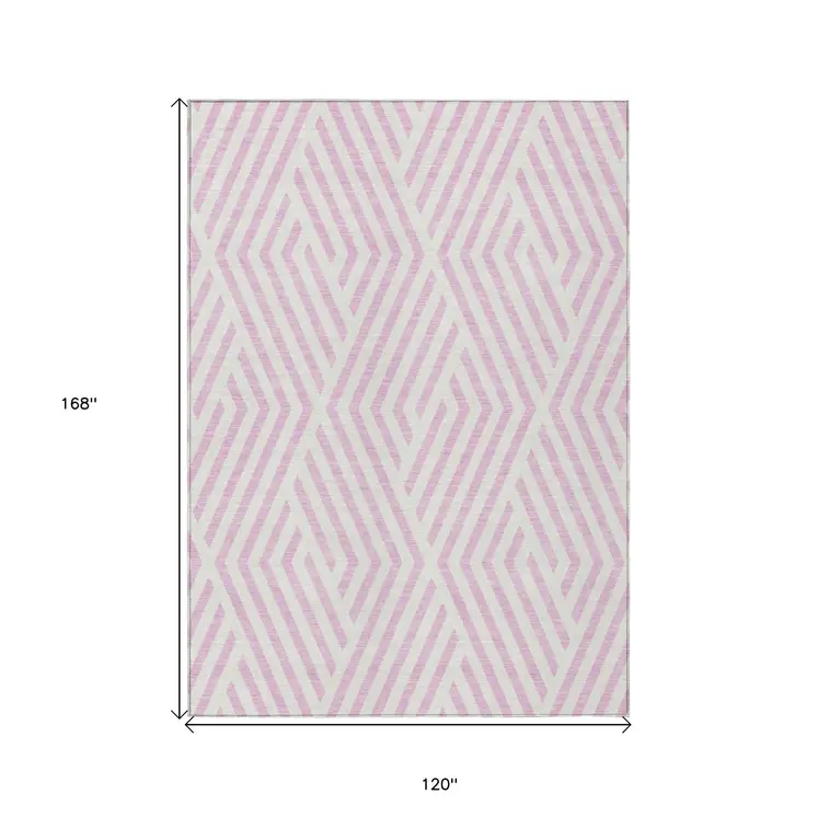 10' X 14' Pink and White Geometric Washable Non Skid Indoor Outdoor Area Rug