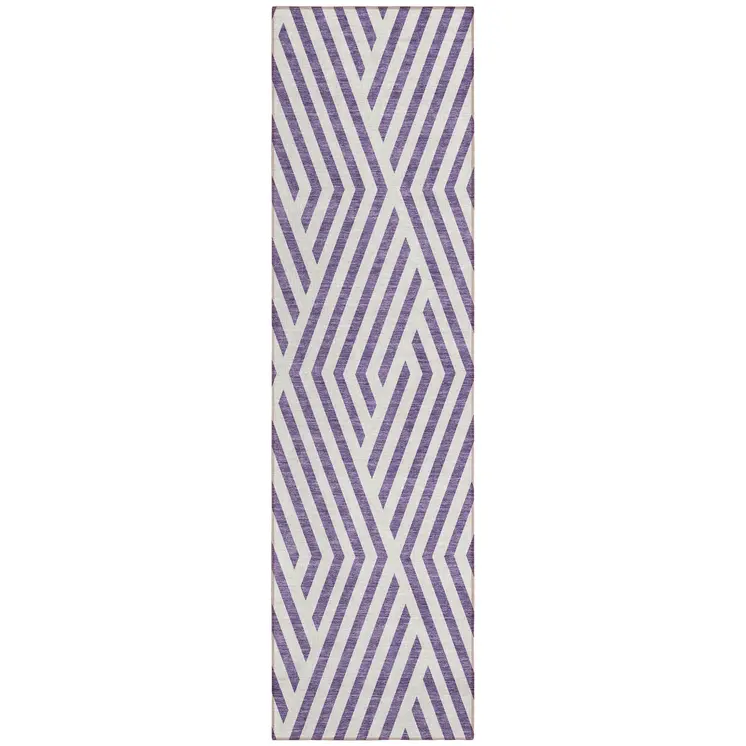 8' Runner Purple and White Geometric Washable Non Skid Indoor Outdoor Runner Rug