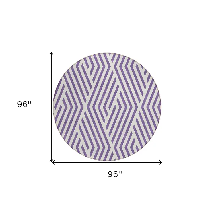 8' Purple And White Round Geometric Washable Indoor Outdoor Area Rug