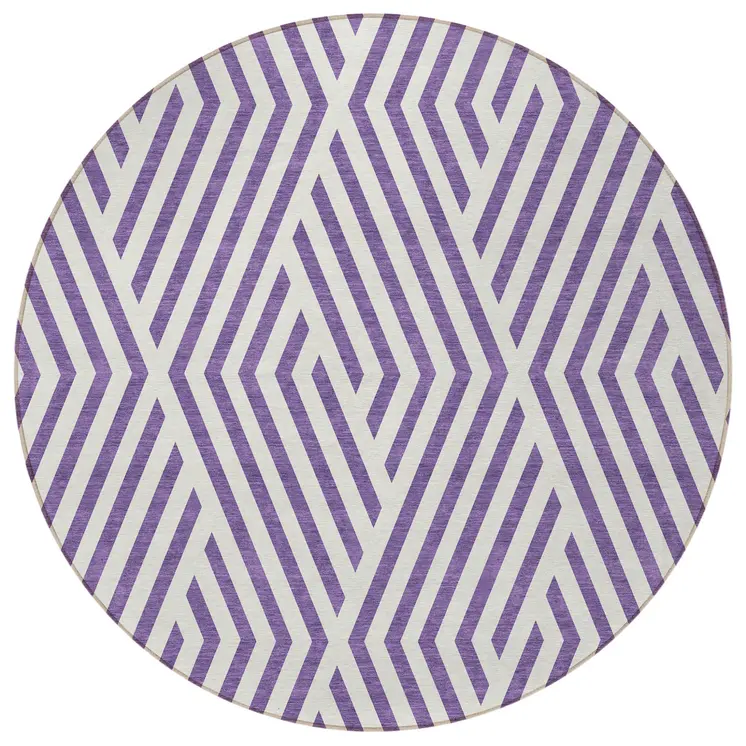 8' Purple And White Round Geometric Washable Indoor Outdoor Area Rug