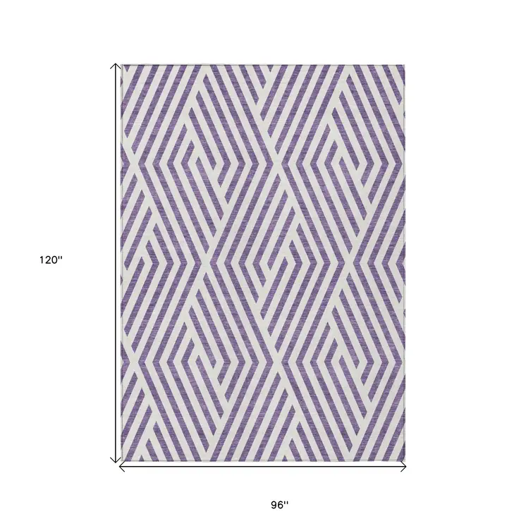 8' X 10' Purple and White Geometric Washable Non Skid Indoor Outdoor Area Rug