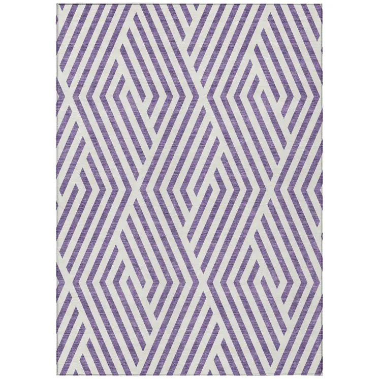 8' X 10' Purple and White Geometric Washable Non Skid Indoor Outdoor Area Rug