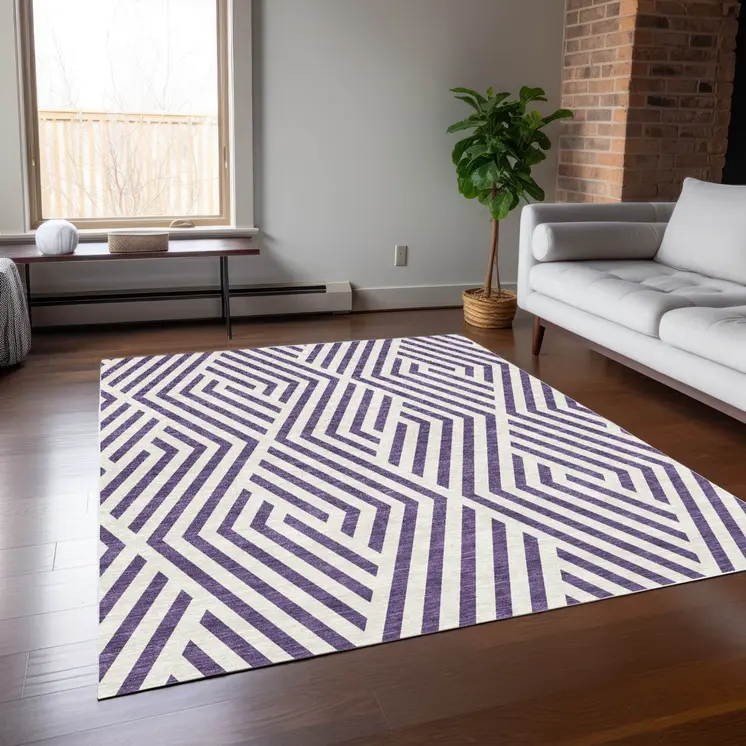 9' X 12' Purple and White Geometric Washable Non Skid Indoor Outdoor Area Rug
