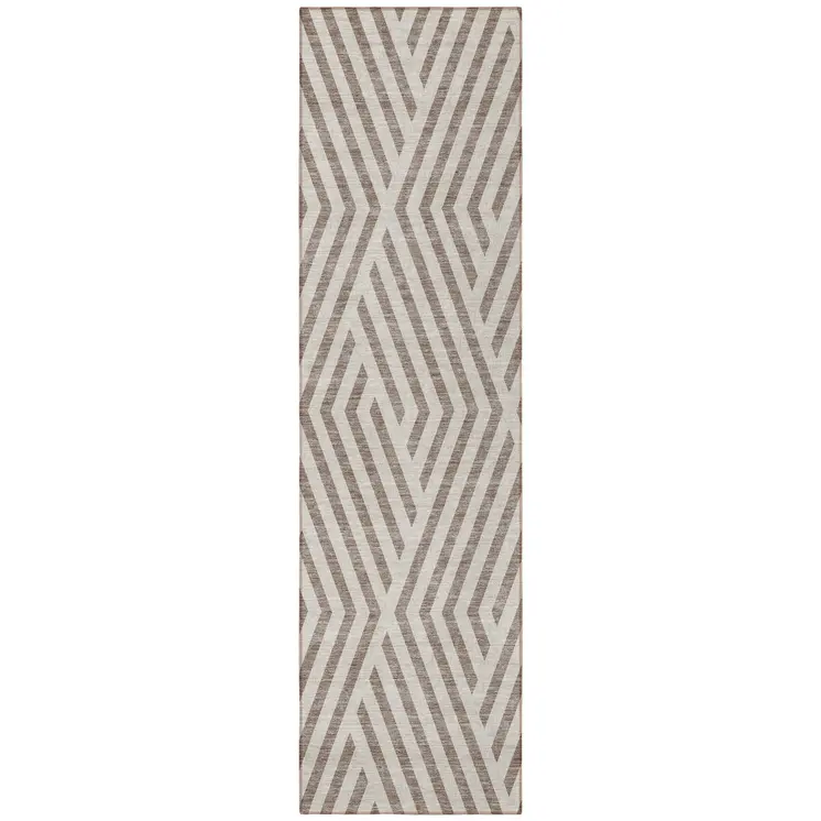 8' Runner Taupe and Ivory Geometric Washable Non Skid Indoor Outdoor Runner Rug