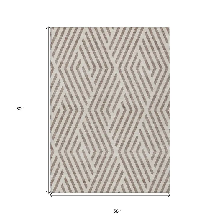 3' X 5' Taupe and Ivory Geometric Washable Non Skid Indoor Outdoor Area Rug