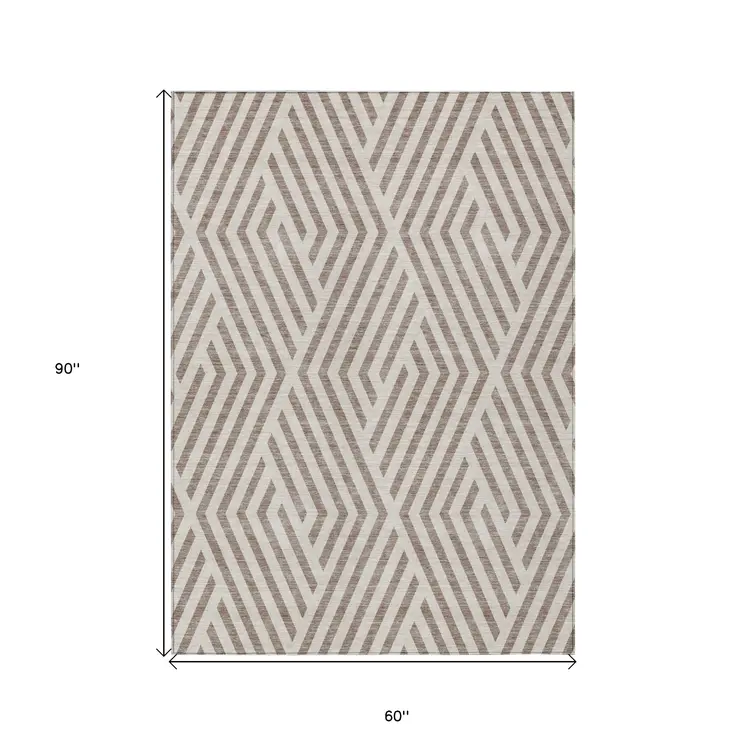 5' X 8' Taupe and Ivory Geometric Washable Non Skid Indoor Outdoor Area Rug