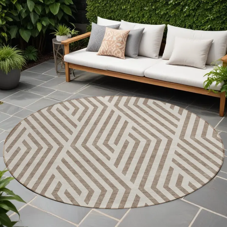 8' Round Taupe and Ivory Round Geometric Washable Non Skid Indoor Outdoor Area Rug