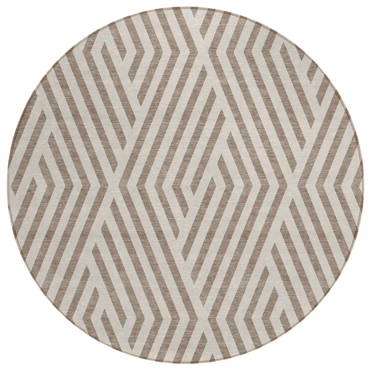 8' Round Taupe and Ivory Round Geometric Washable Non Skid Indoor Outdoor Area Rug